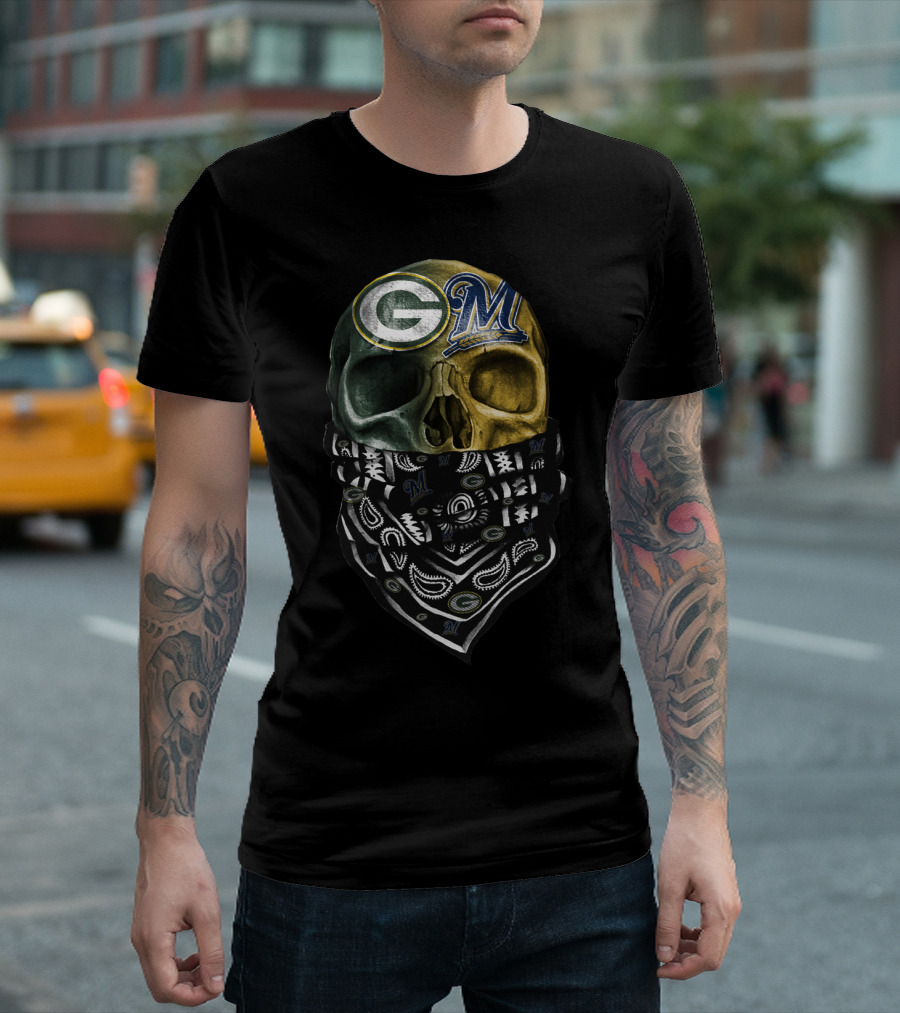 Green Bay Packers And Milwaukee Brewers Skull Bandana T-Shirt