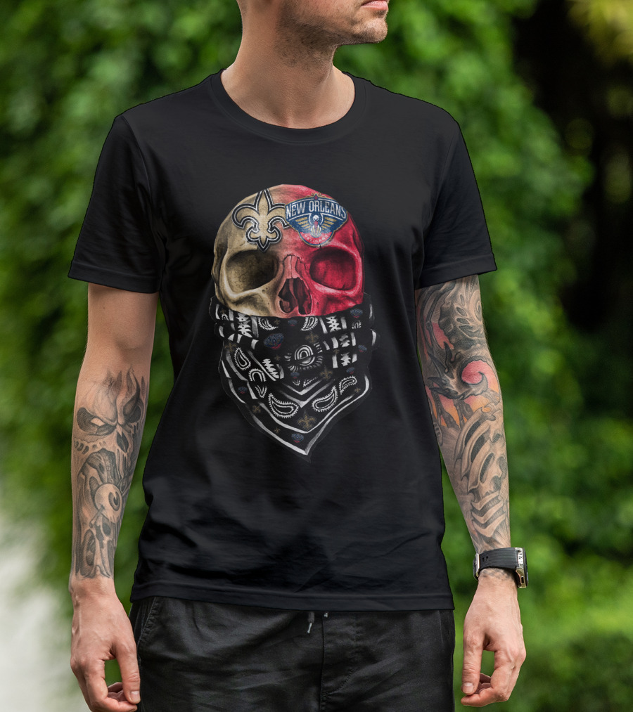 New Orleans Saints Pelicans Skull Bandana T-Shirt