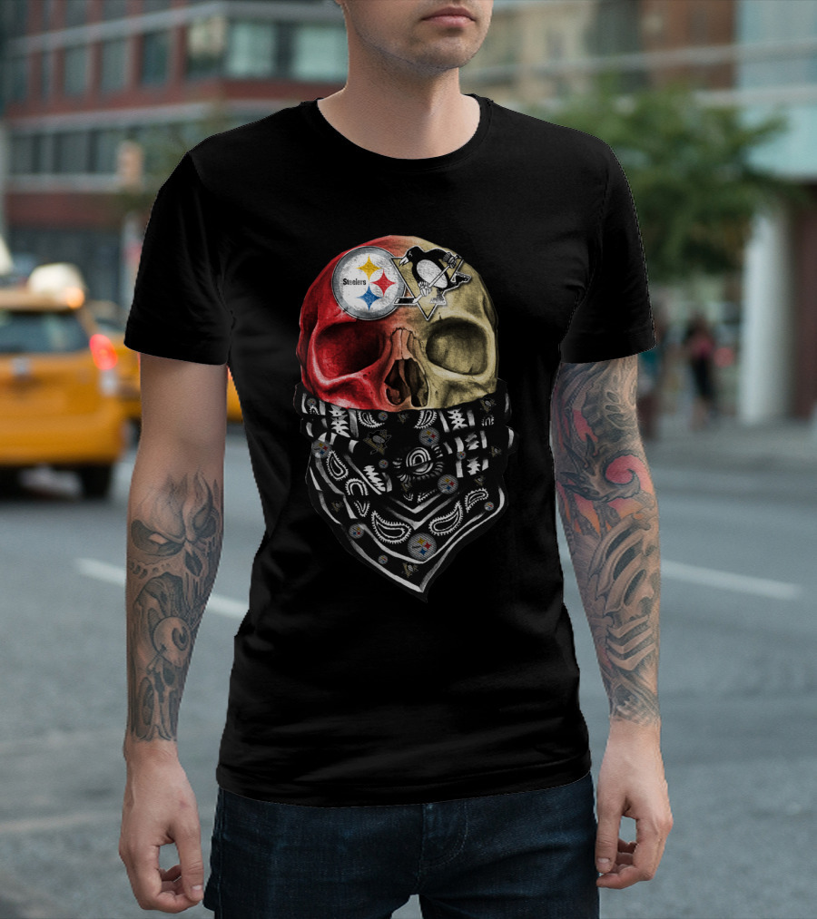 Steelers And Penguins Dual Skull Bandana Art On Sku 114 T-Shirt