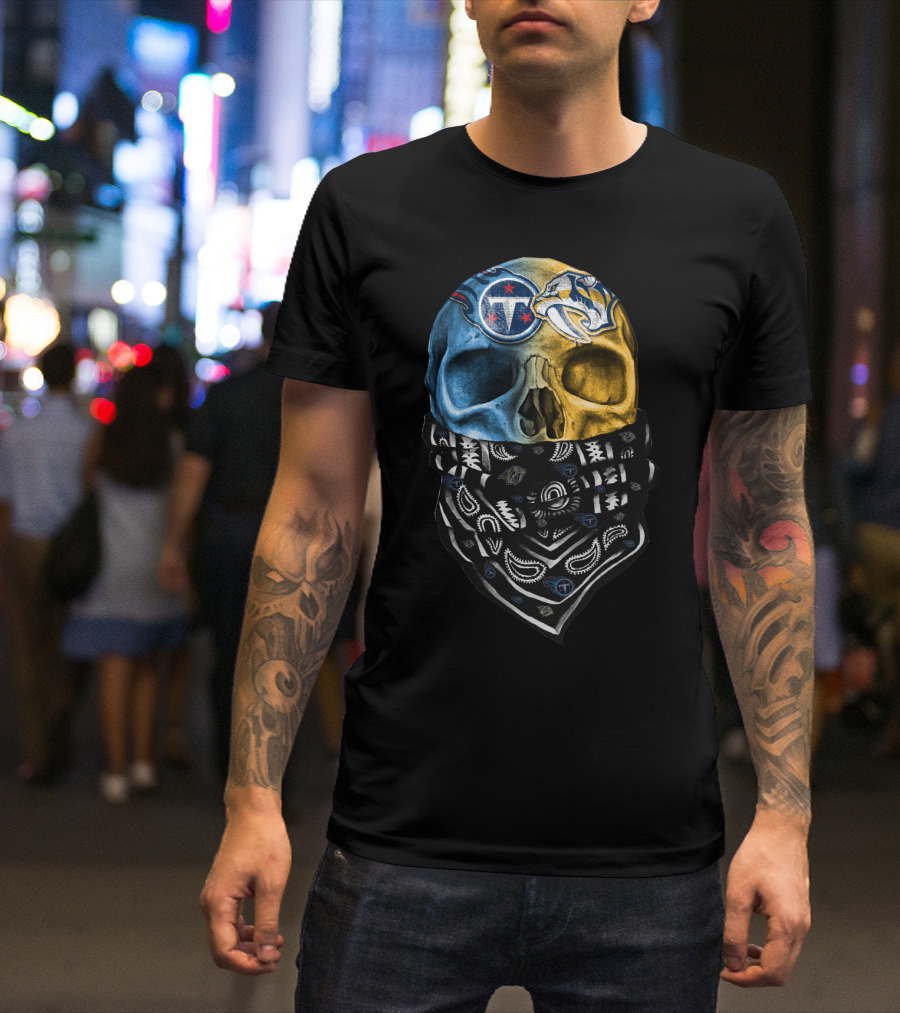 Tennessee Titans Nashville Predators Dual Skull Bandana T-Shirt