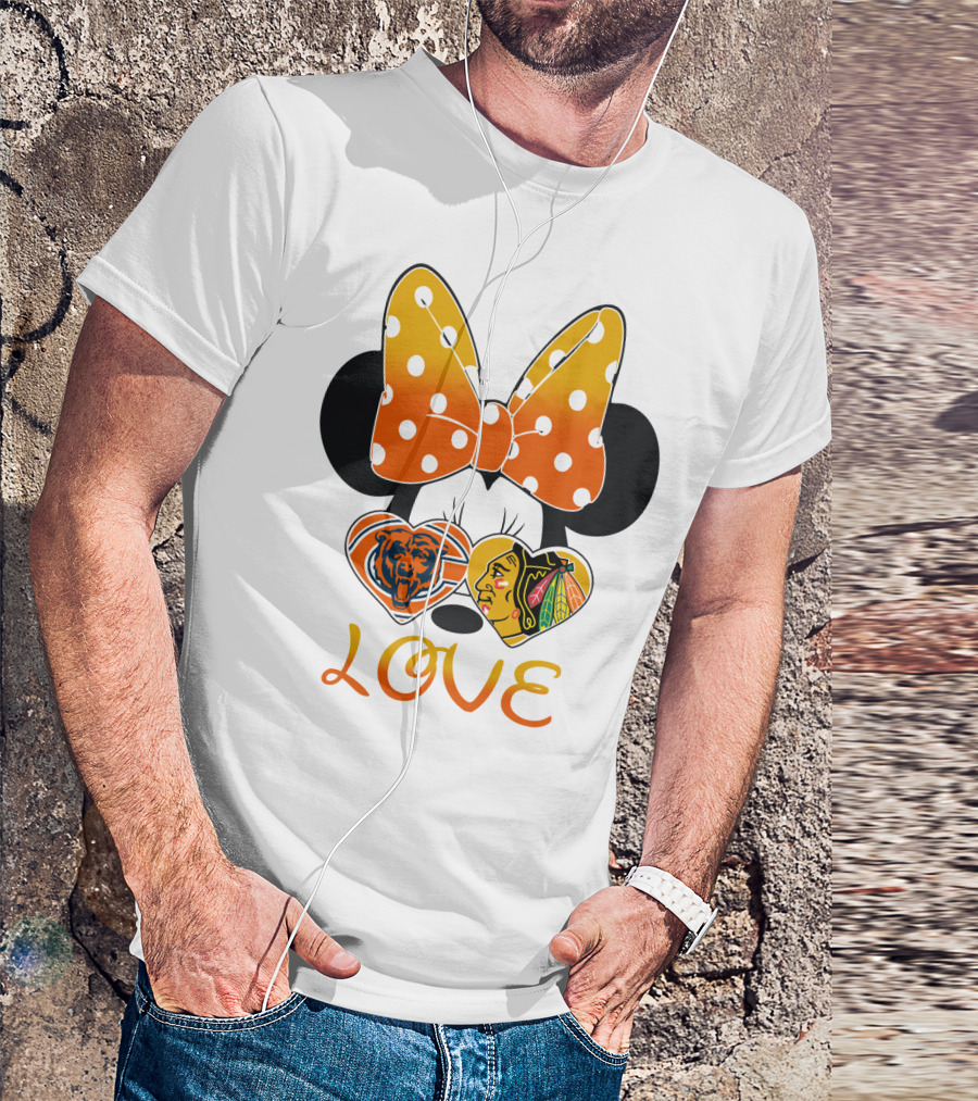 Minnie Mouse Love Chicago Bears Blackhawks Bow T-Shirt