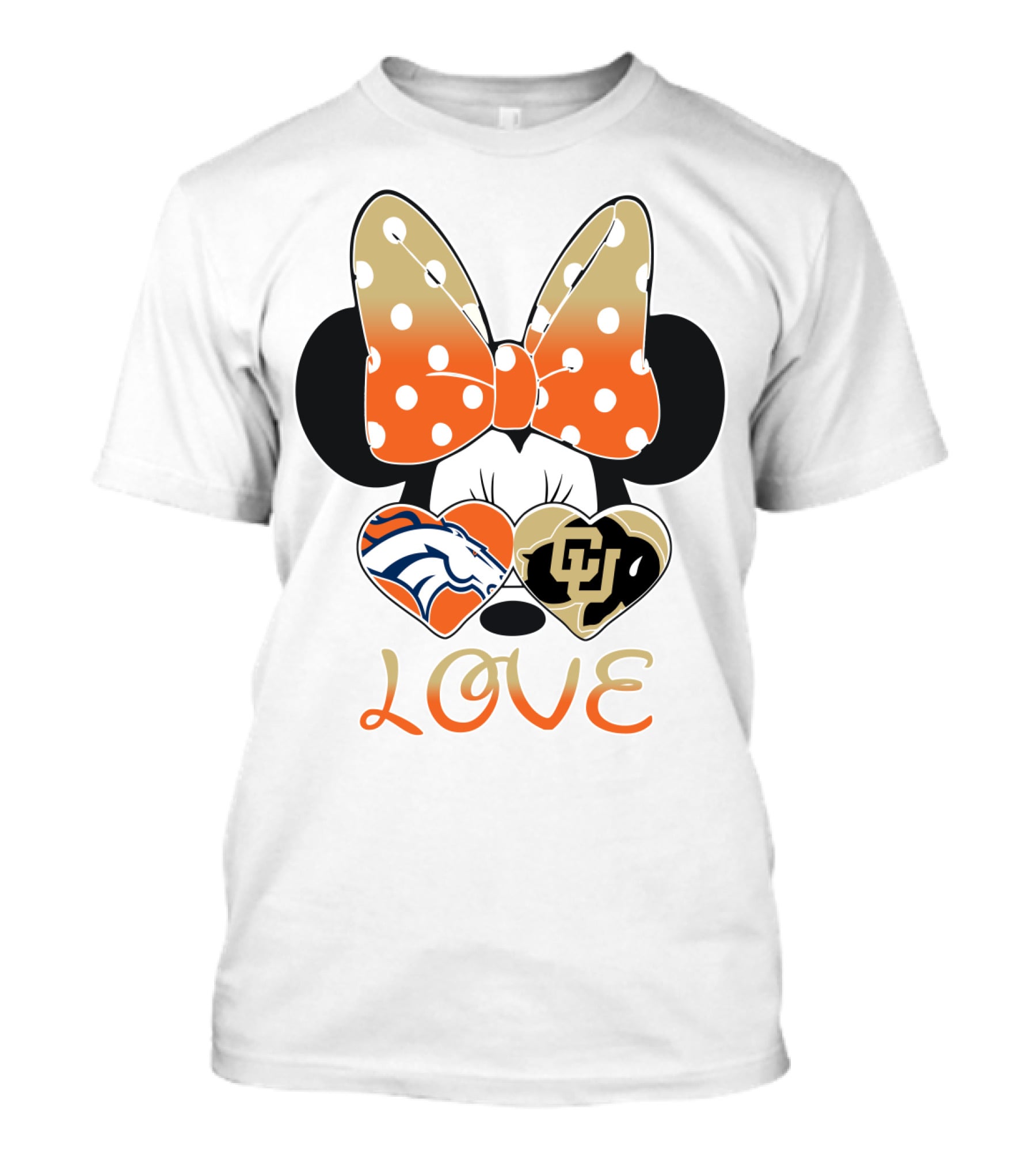 Love Minnie Mouse Orange Bow Denver Broncos University Of Colorado Buffaloes Hearts T-Shirt