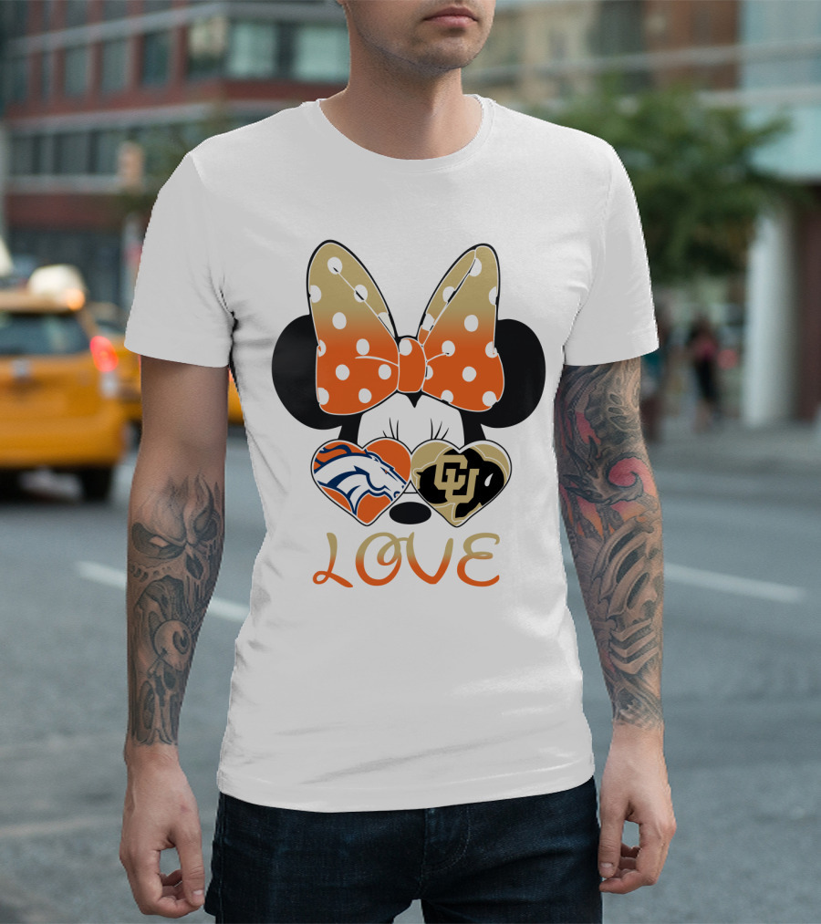 Love Minnie Mouse Orange Bow Denver Broncos University Of Colorado Buffaloes Hearts T-Shirt
