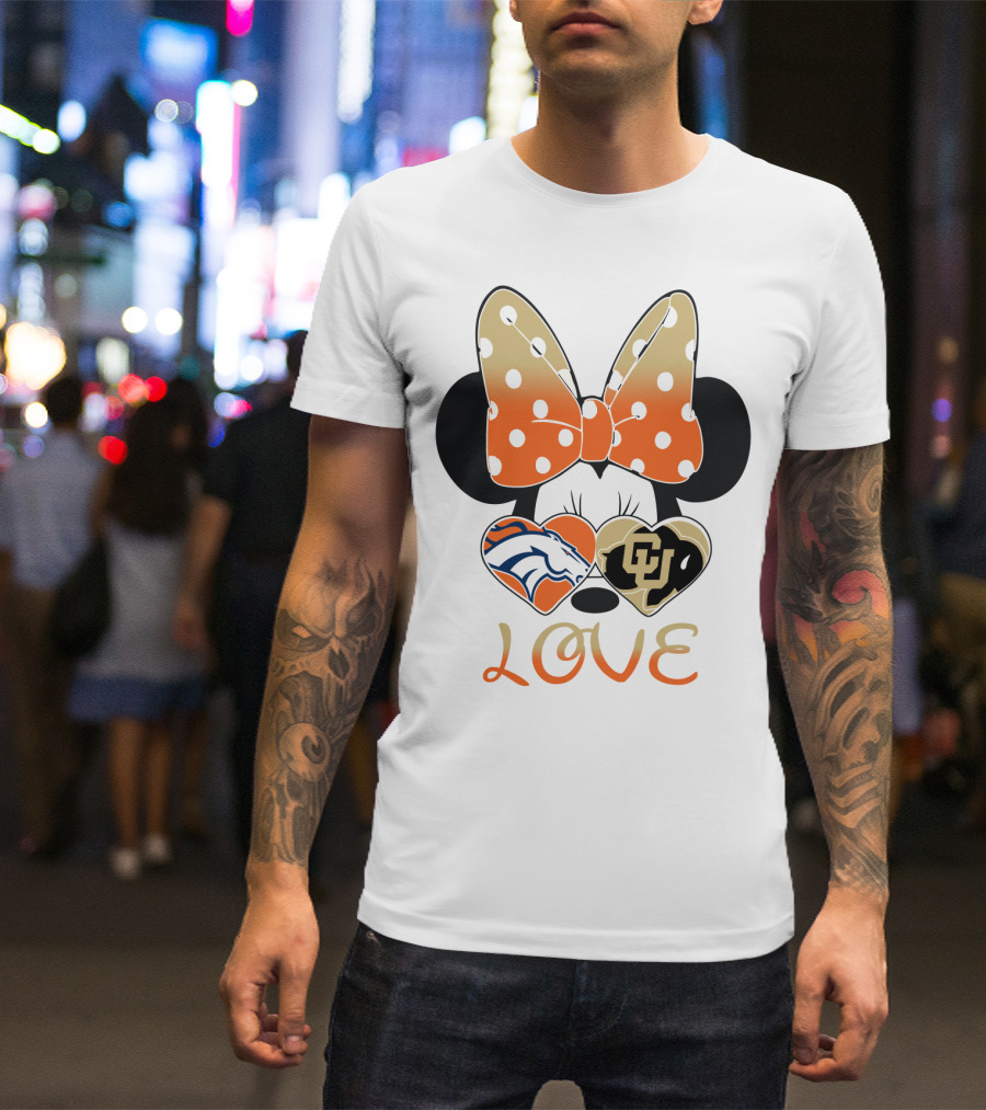 Love Minnie Mouse Orange Bow Denver Broncos University Of Colorado Buffaloes Hearts T-Shirt