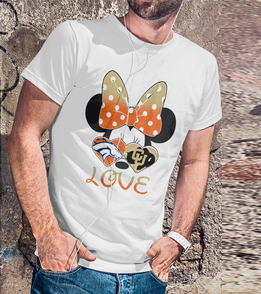 Love Minnie Mouse Orange Bow Denver Broncos University Of Colorado Buffaloes Hearts T-Shirt