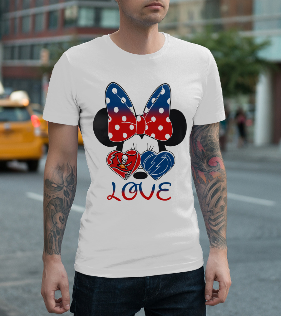 Love Minnie Bow Red And Blue Hearts With Buccaneers And Lightning Logos T-Shirt