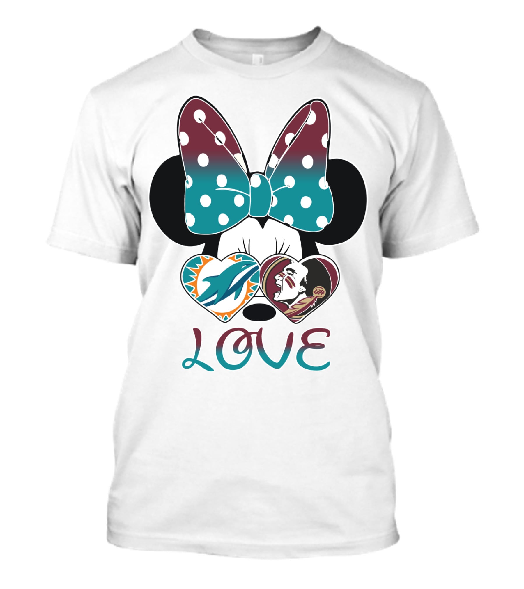 Love Minnie Bow Miami Dolphins Florida State Seminoles Hearts T-Shirt