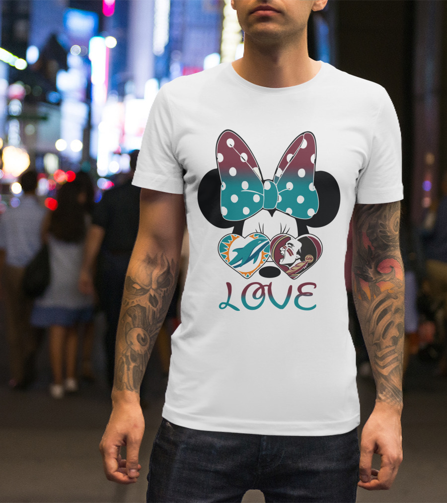 Love Minnie Bow Miami Dolphins Florida State Seminoles Hearts T-Shirt