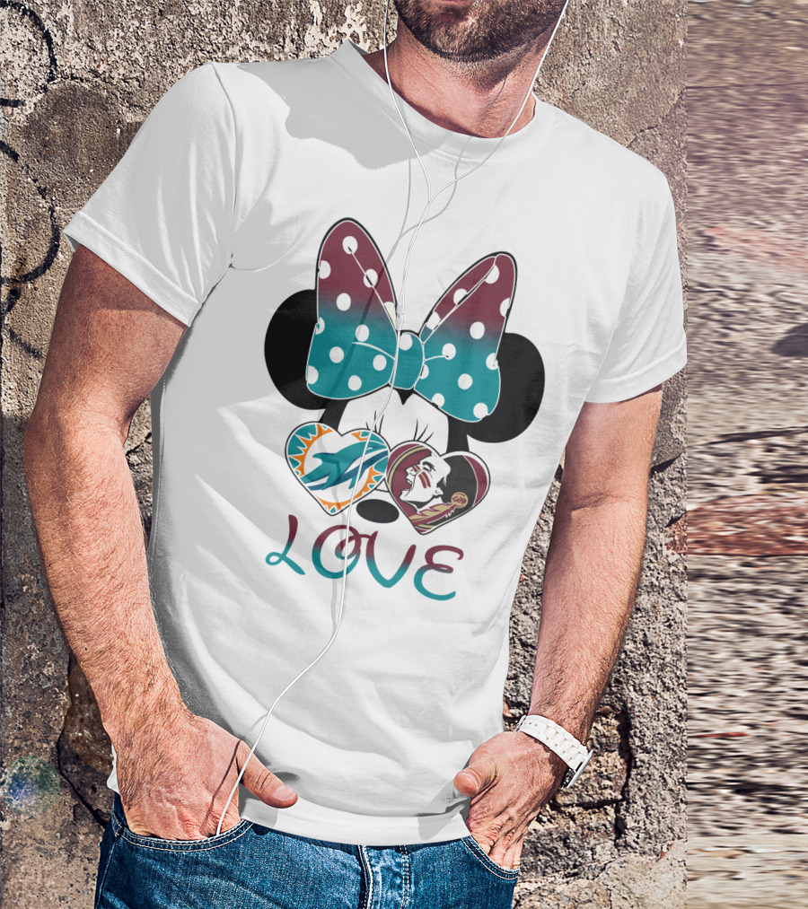 Love Minnie Bow Miami Dolphins Florida State Seminoles Hearts T-Shirt