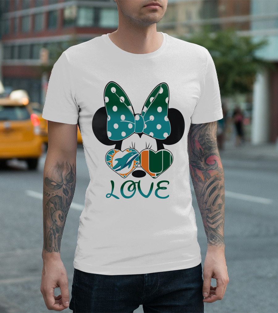 Miami Dolphins Hurricanes Love Minnie Mouse Polka Dot Bow T-Shirt