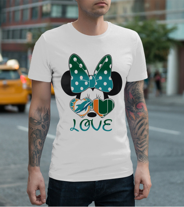 Miami Dolphins Hurricanes Love Minnie Mouse Polka Dot Bow T-Shirt