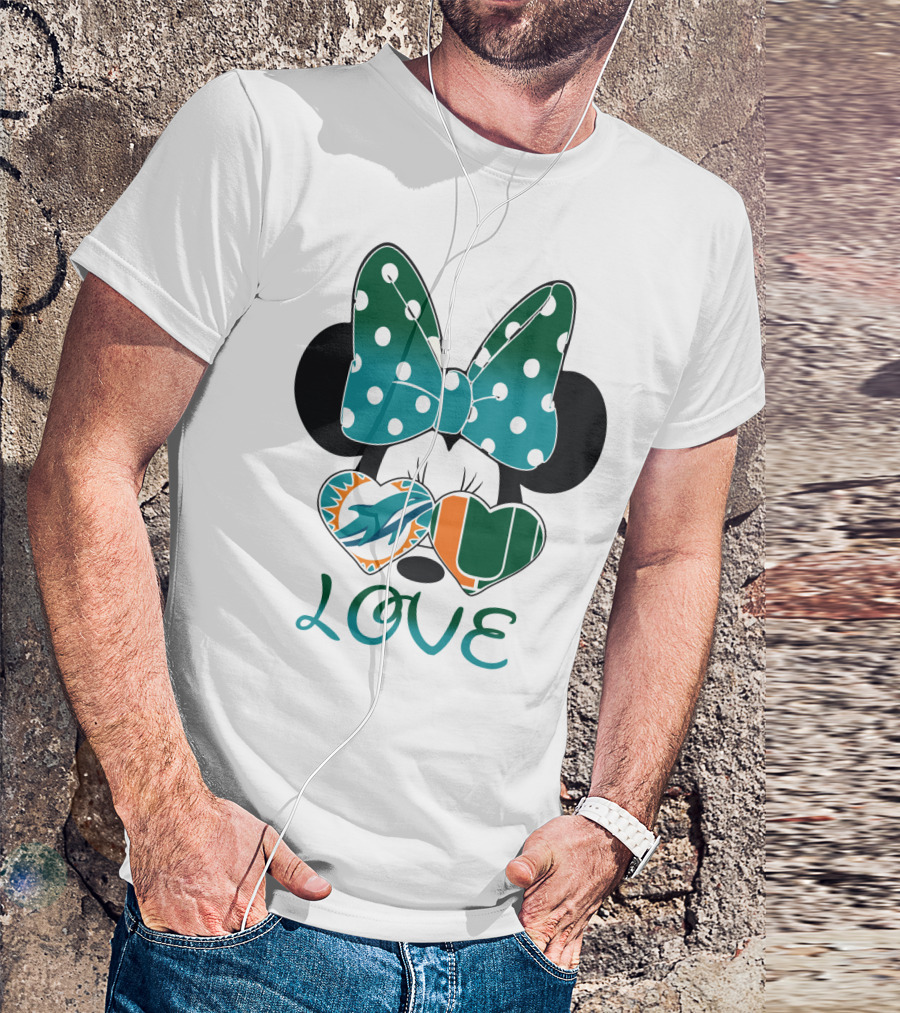 Miami Dolphins Hurricanes Love Minnie Mouse Polka Dot Bow T-Shirt