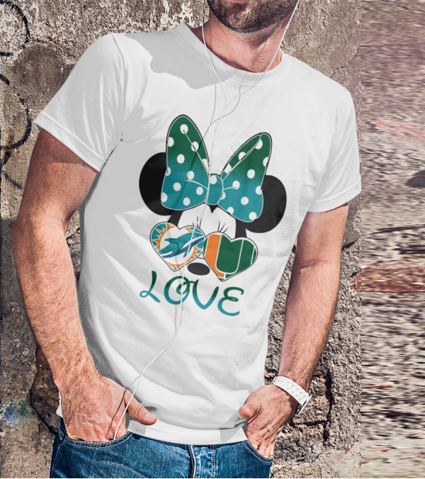 Miami Dolphins Hurricanes Love Minnie Mouse Polka Dot Bow T-Shirt