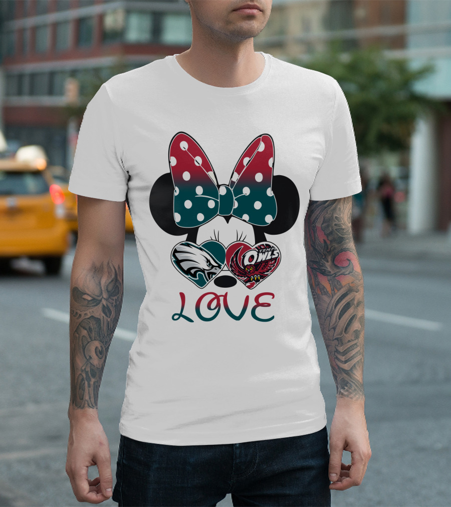 Minnie Mouse Bow Love Philadelphia Eagles Temple Owls Hearts T-Shirt