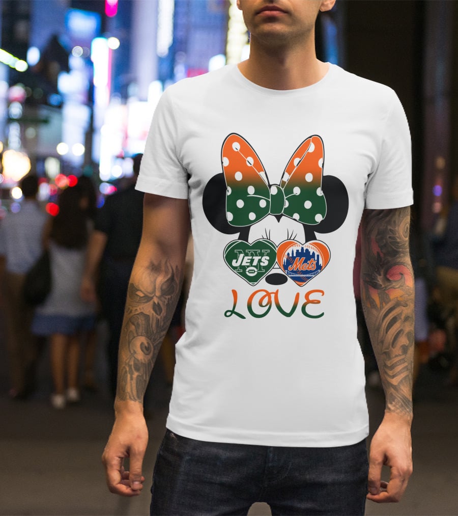 Love Ny Jets Mets Minnie Bow Hearts T-Shirt