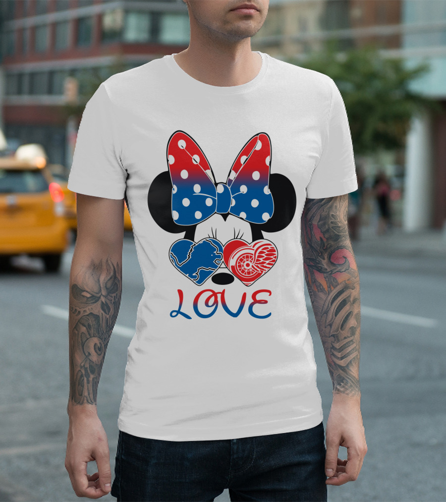 Love Minnie Mouse Detroit Lions Red Wings Bow Hearts T-Shirt
