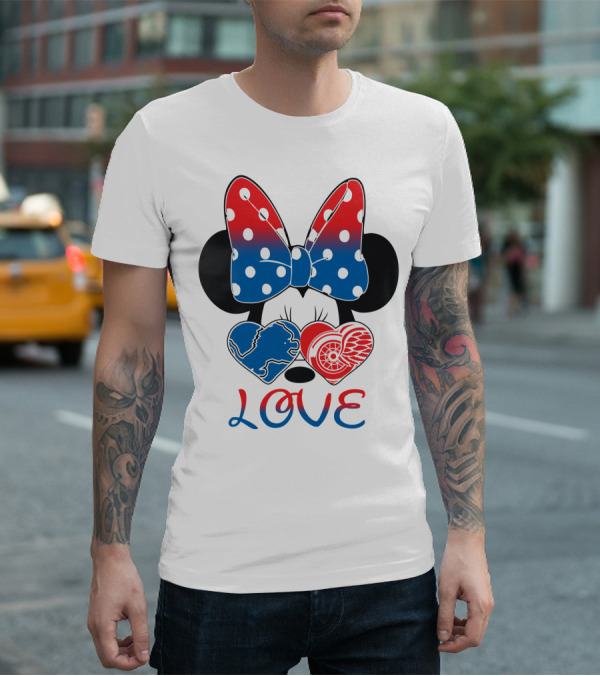 Love Minnie Mouse Detroit Lions Red Wings Bow Hearts T-Shirt