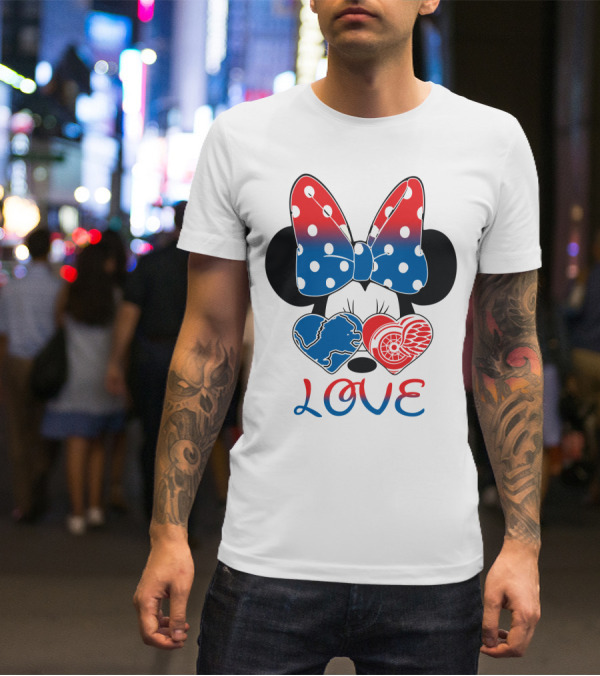 Love Minnie Mouse Detroit Lions Red Wings Bow Hearts T-Shirt
