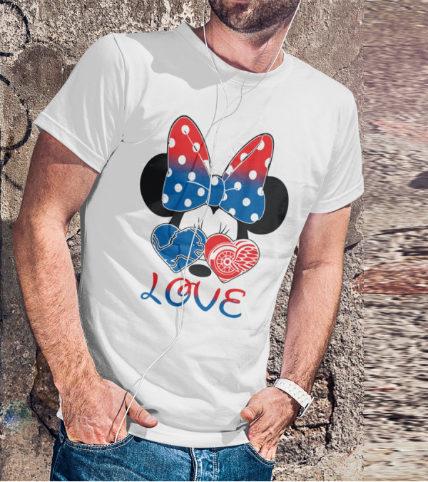 Love Minnie Mouse Detroit Lions Red Wings Bow Hearts T-Shirt