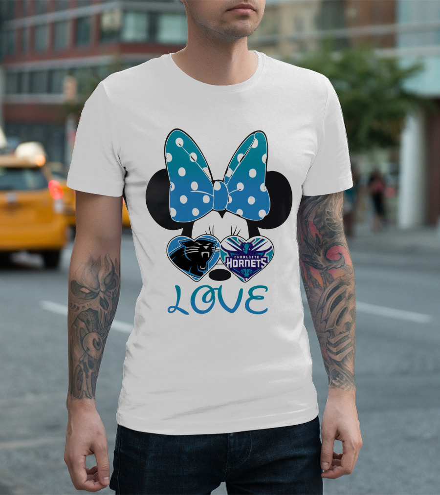 Minnie Mouse Love Carolina Panthers Charlotte Hornets Bow Hearts T-Shirt
