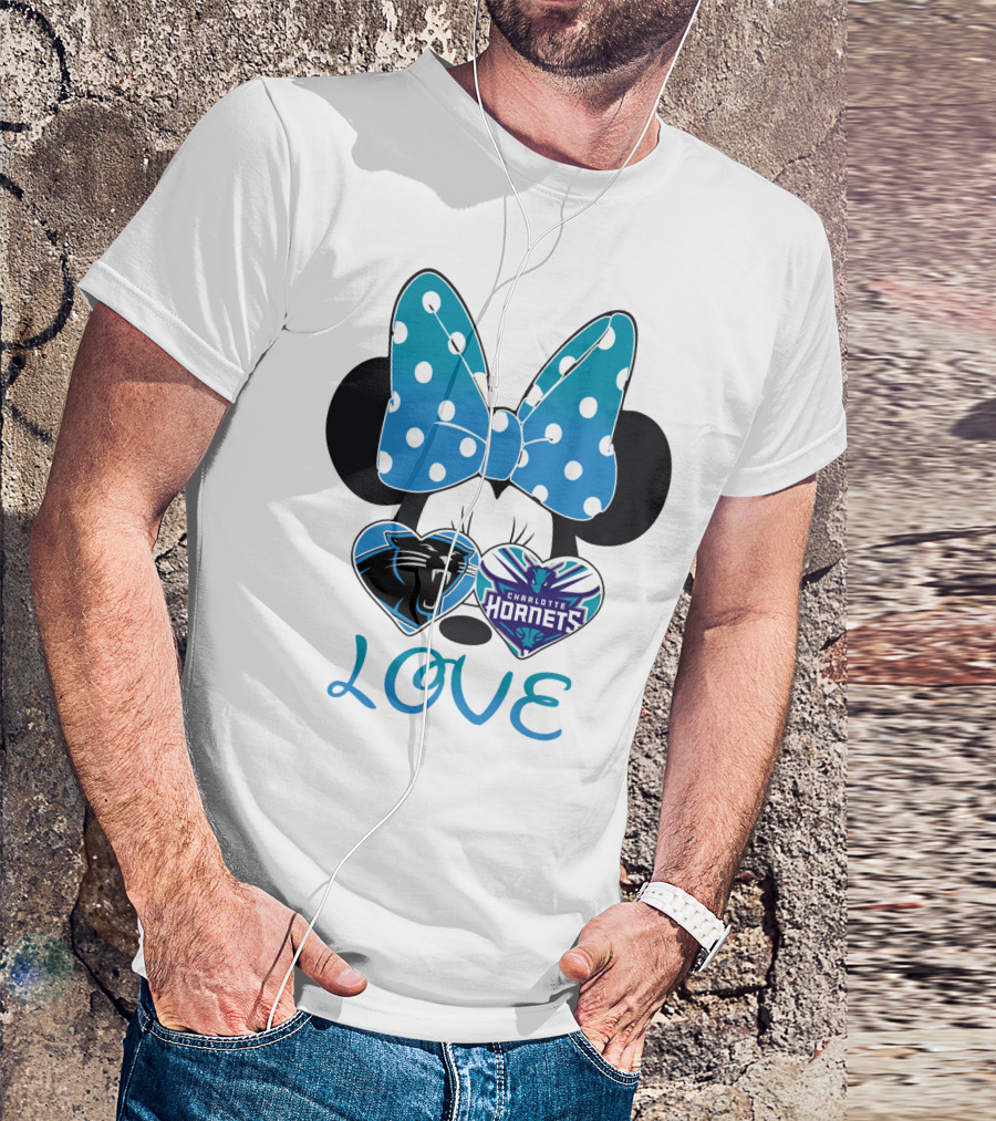 Minnie Mouse Love Carolina Panthers Charlotte Hornets Bow Hearts T-Shirt