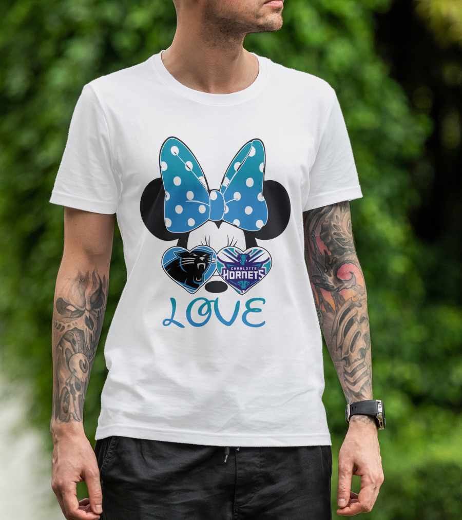 Minnie Mouse Love Carolina Panthers Charlotte Hornets Bow Hearts T-Shirt