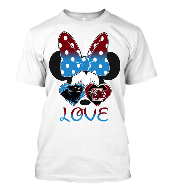 Love Carolina Panthers South Carolina Gamecocks Minnie Bow Hearts T-Shirt