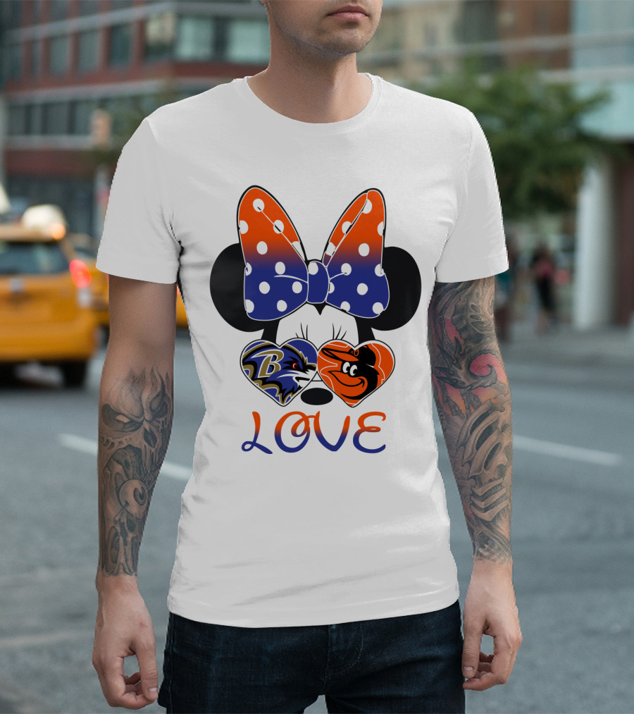 Love Baltimore Ravens Orioles Minnie Mouse Bow T-Shirt