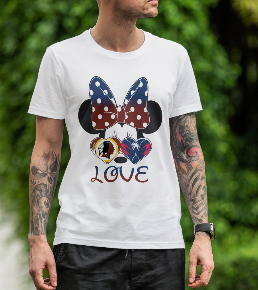 Love Minnie Mouse Washington Redskins Capitals Bow Hearts T-Shirt