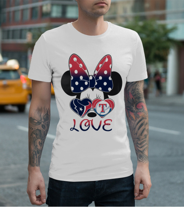 Minnie Bow Love Texans Rangers Hearts T-Shirt