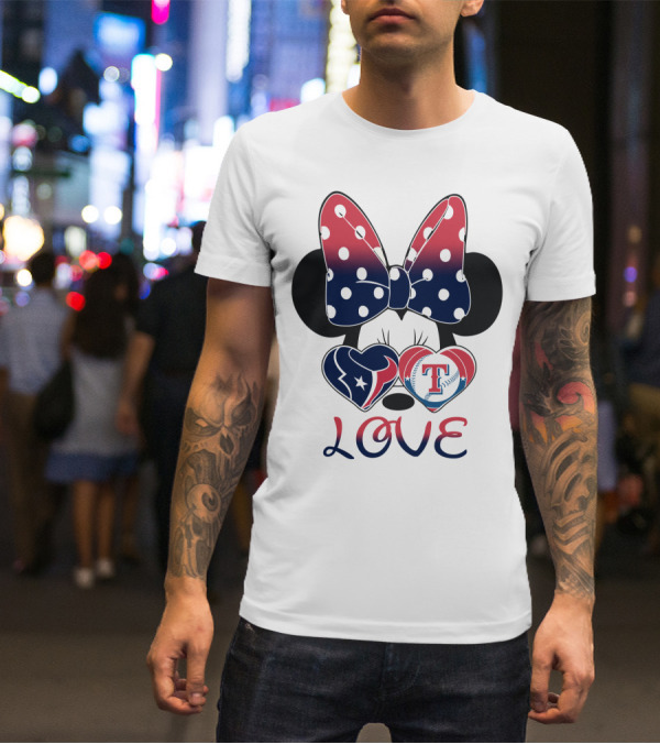 Minnie Bow Love Texans Rangers Hearts T-Shirt