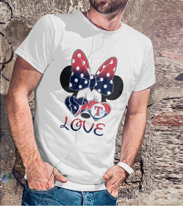 Minnie Bow Love Texans Rangers Hearts T-Shirt