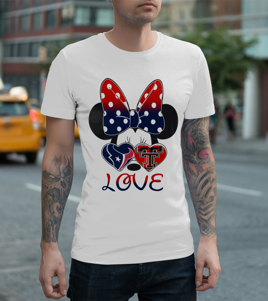 Minnie Mouse Love Texans And Texas Tech Hearts Bow T-Shirt