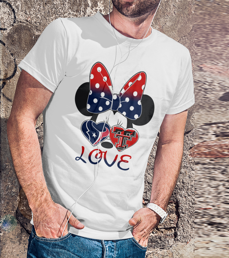 Minnie Mouse Love Texans And Texas Tech Hearts Bow T-Shirt