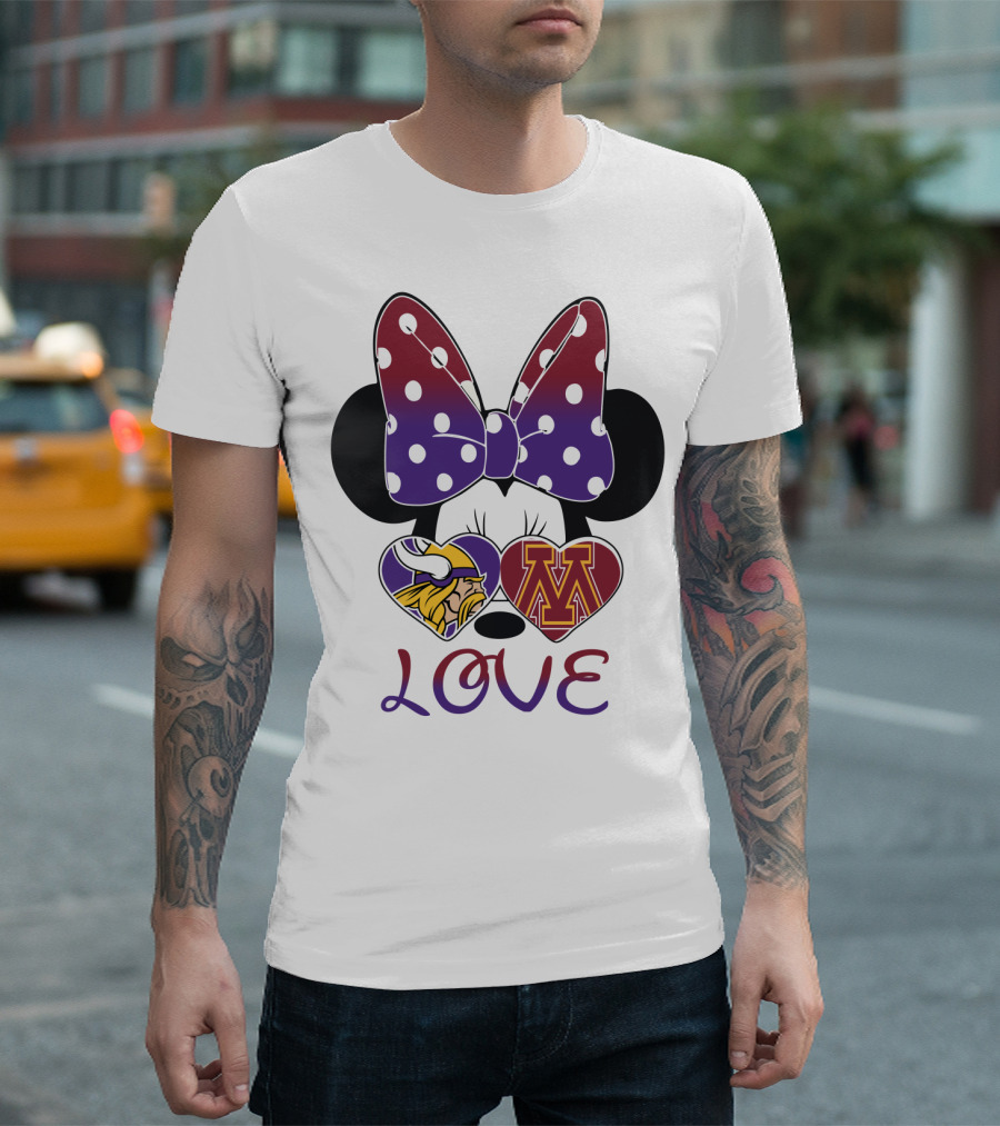 Minnie Mouse Bow Love Vikings Minnesota U Logo Hearts T-Shirt