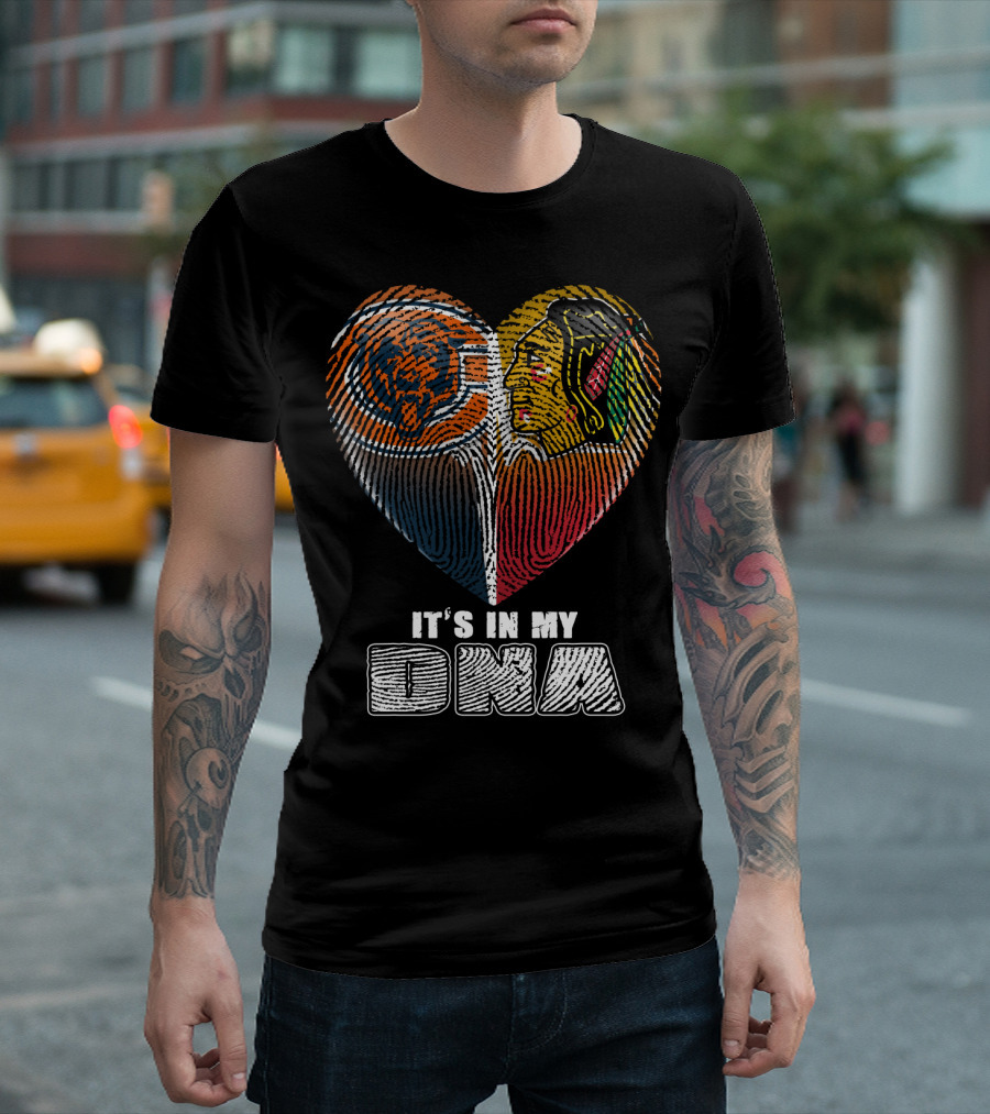 It's In My Dna Chicago Bears Blackhawks Fingerprint Heart T-Shirt