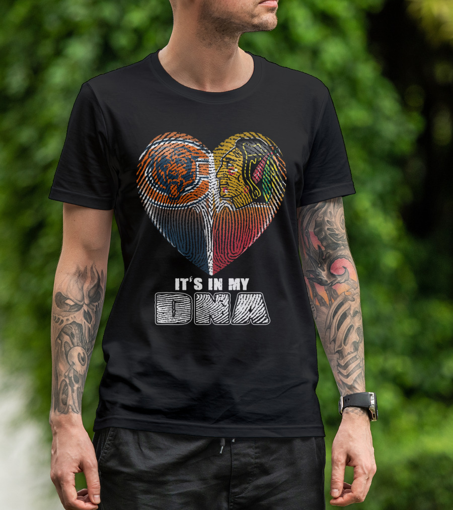 It's In My Dna Chicago Bears Blackhawks Fingerprint Heart T-Shirt