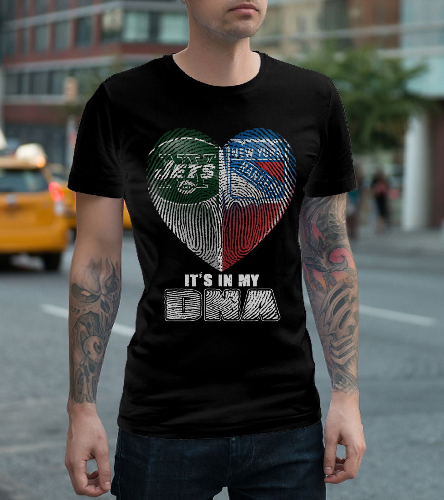 New York Jets And Rangers It's In My Dna Heart Fingerprint T-Shirt