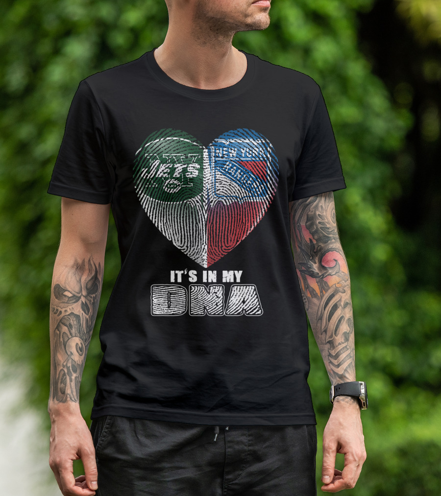 New York Jets And Rangers It's In My Dna Heart Fingerprint T-Shirt