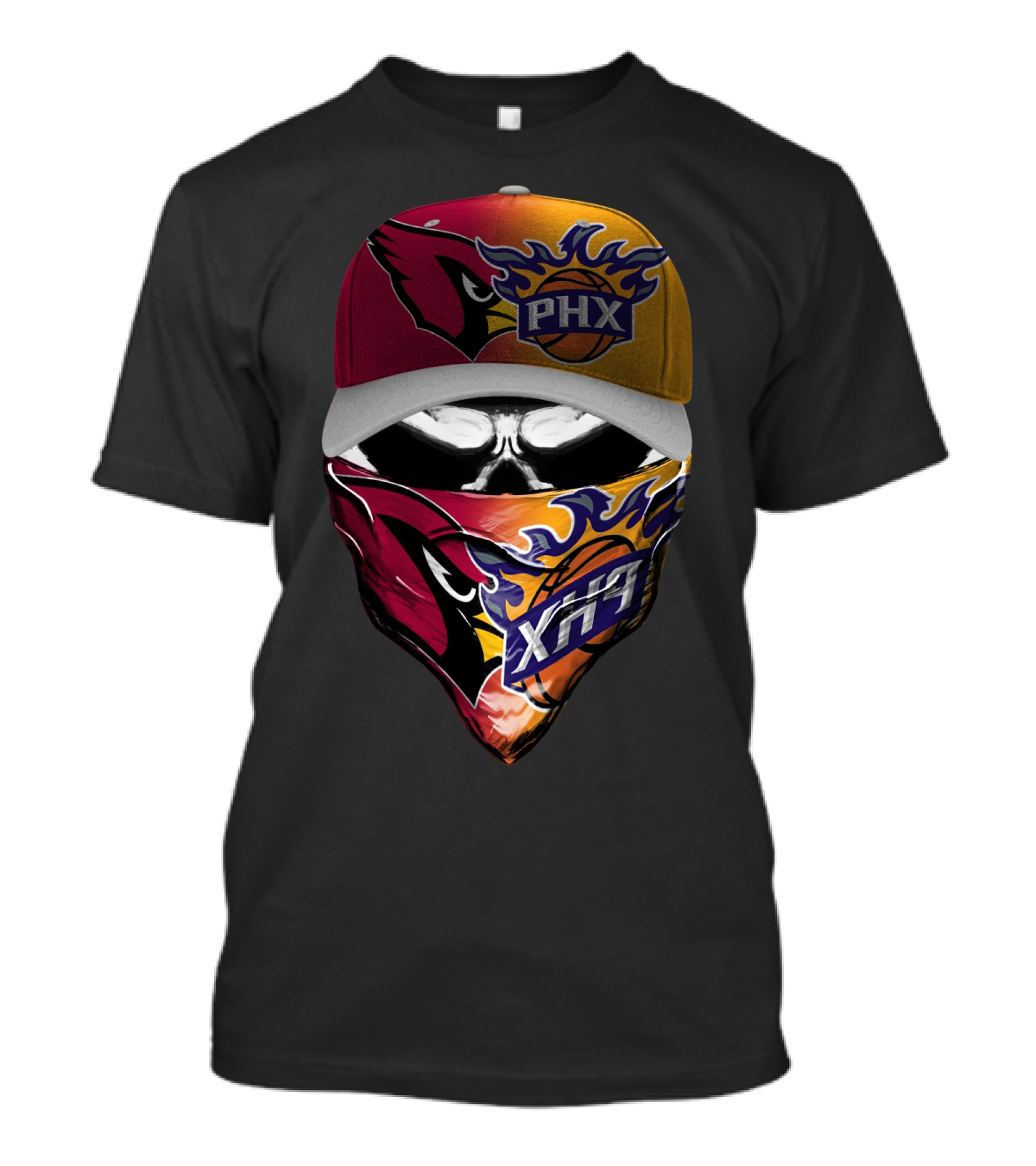 Phx Cardinals Suns Crossover Flame Skull Headwear T-Shirt