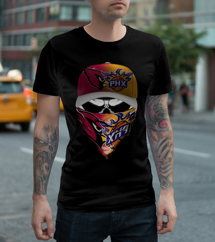 Phx Cardinals Suns Crossover Flame Skull Headwear T-Shirt