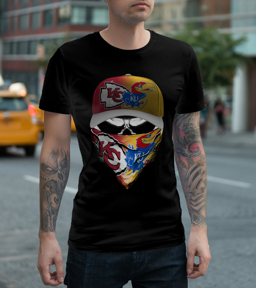 Kansas City Chiefs And Kansas Jayhawks Skull Bandana Hat Fusion T-Shirt