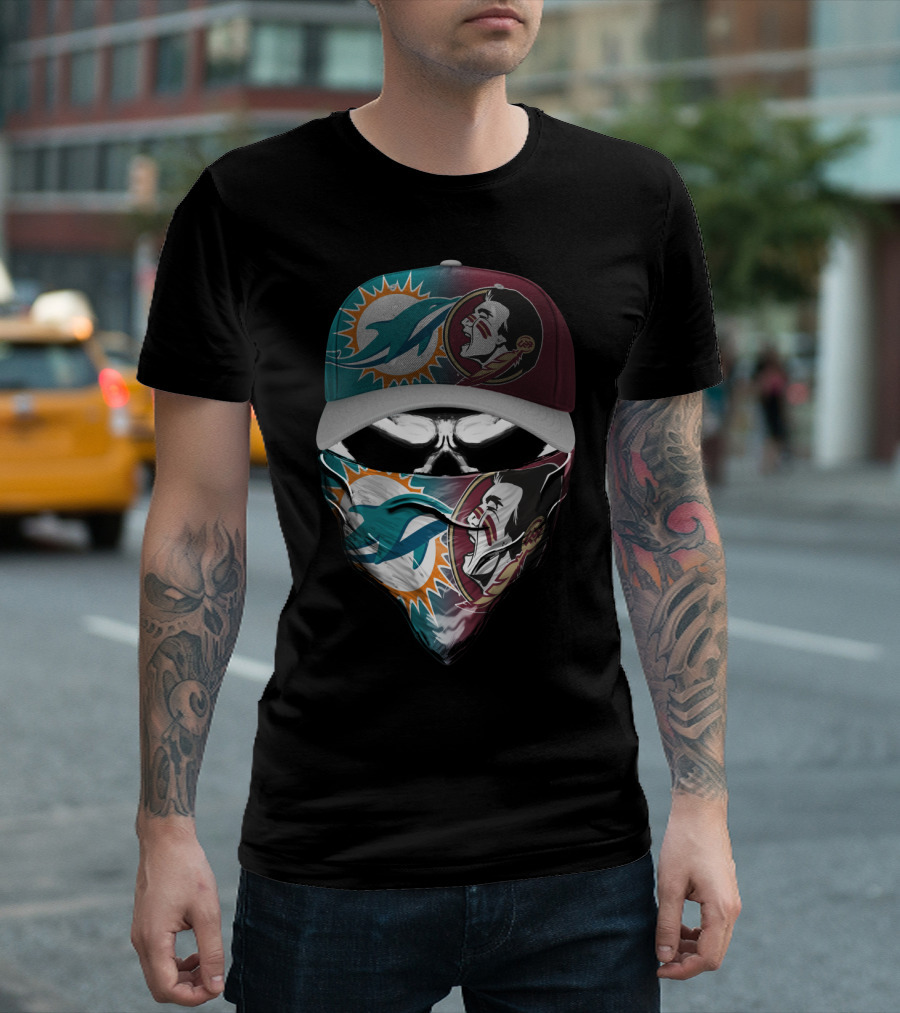 Miami Dolphins Florida State Seminoles Skull Headwear T-Shirt
