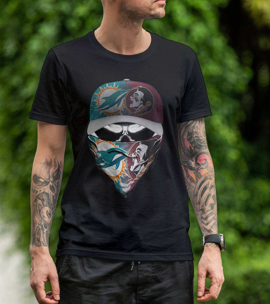 Miami Dolphins Florida State Seminoles Skull Headwear T-Shirt
