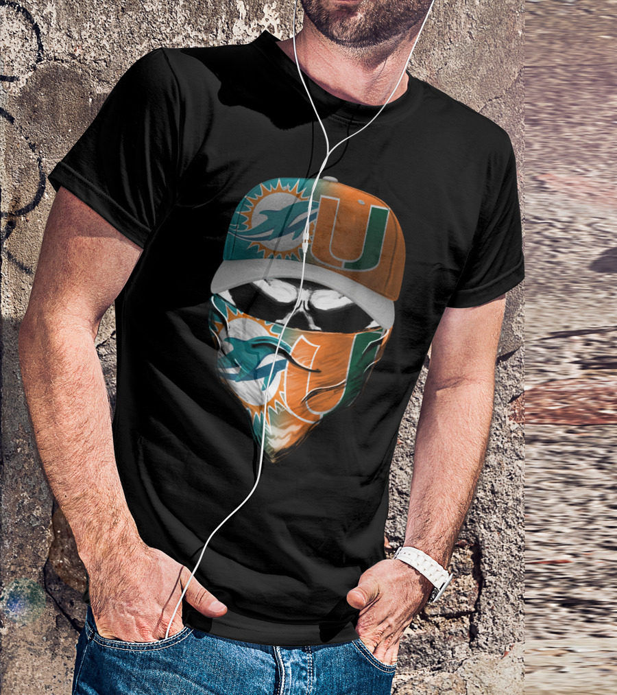 Miami Dolphins And University Of Miami Logo Face Mask And Cap Design Skull Style T-Shirt