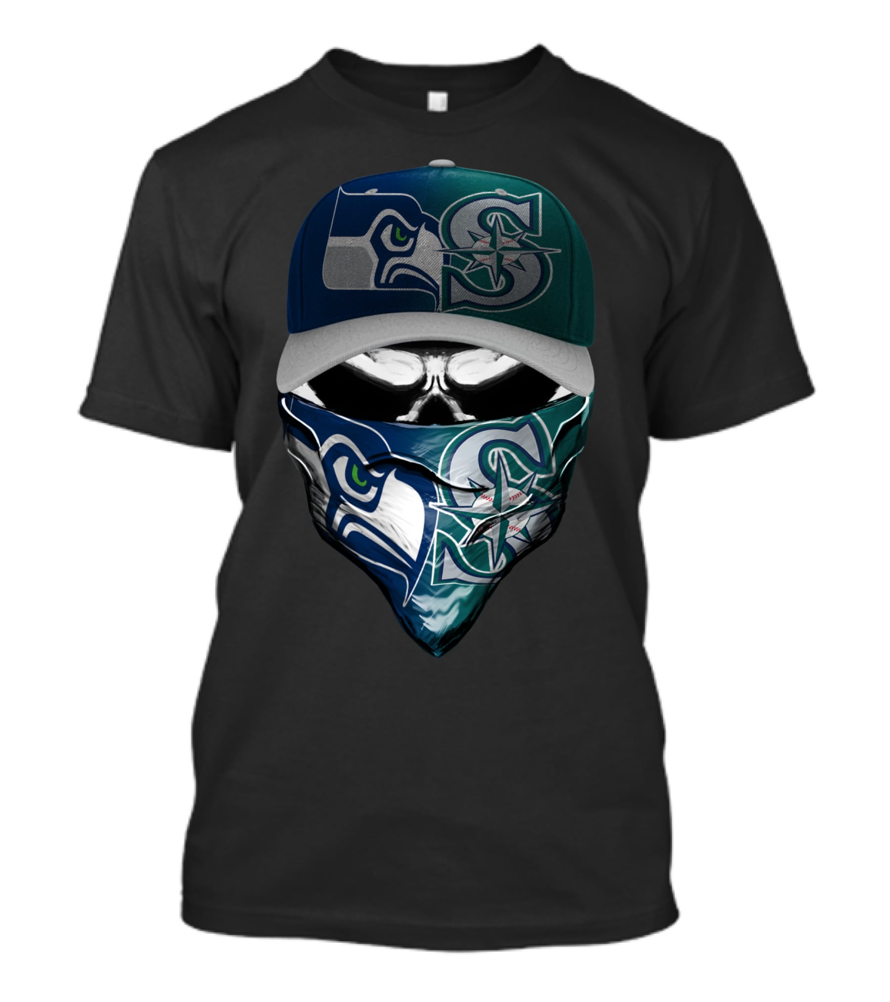 Seattle Seahawks Mariners Skull Mask Hat T-Shirt