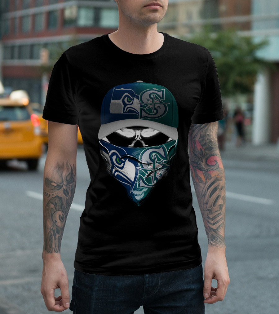 Seattle Seahawks Mariners Skull Mask Hat T-Shirt