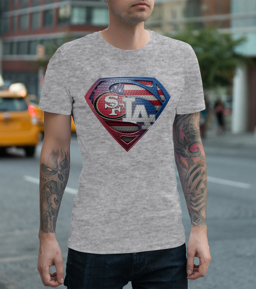 Sf La Superman Shield American Flag Hintergrund T-Shirt