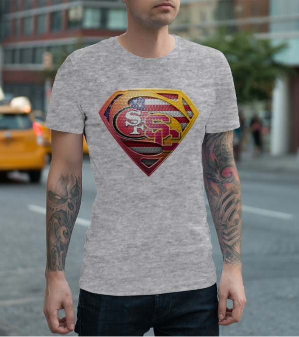Superman Shield With San Francisco And Usc Logos Merged Over American Flag T-Shirt