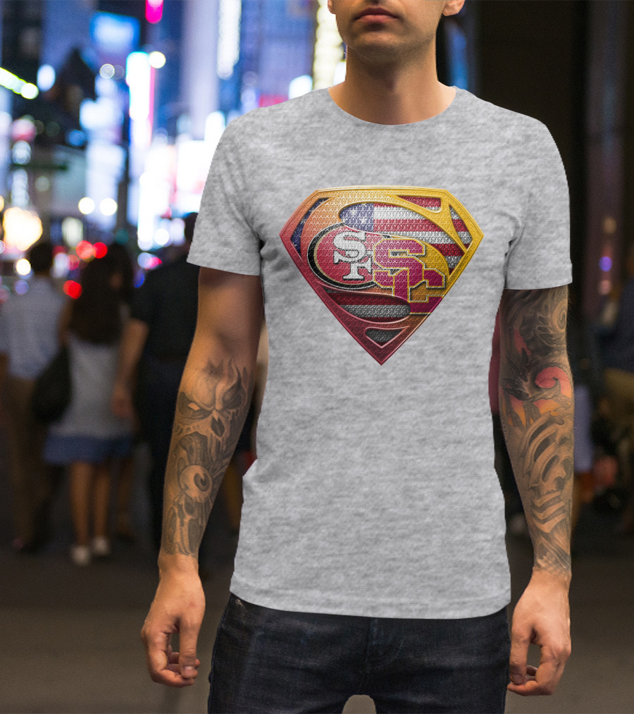 Superman Shield With San Francisco And Usc Logos Merged Over American Flag T-Shirt